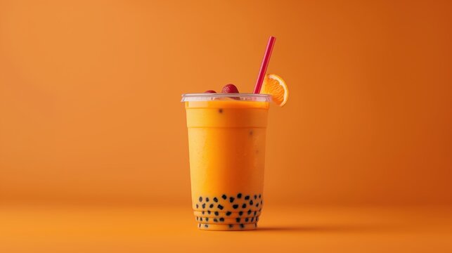 A refreshing cup of orange bubble tea with black tapioca pearls, garnished with an orange slice and strawberries, and a red straw against an orange background.