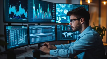 Fototapeta premium Young Mathematician Analyzing Stock Data on Multiple Screens in Modern Office Setting