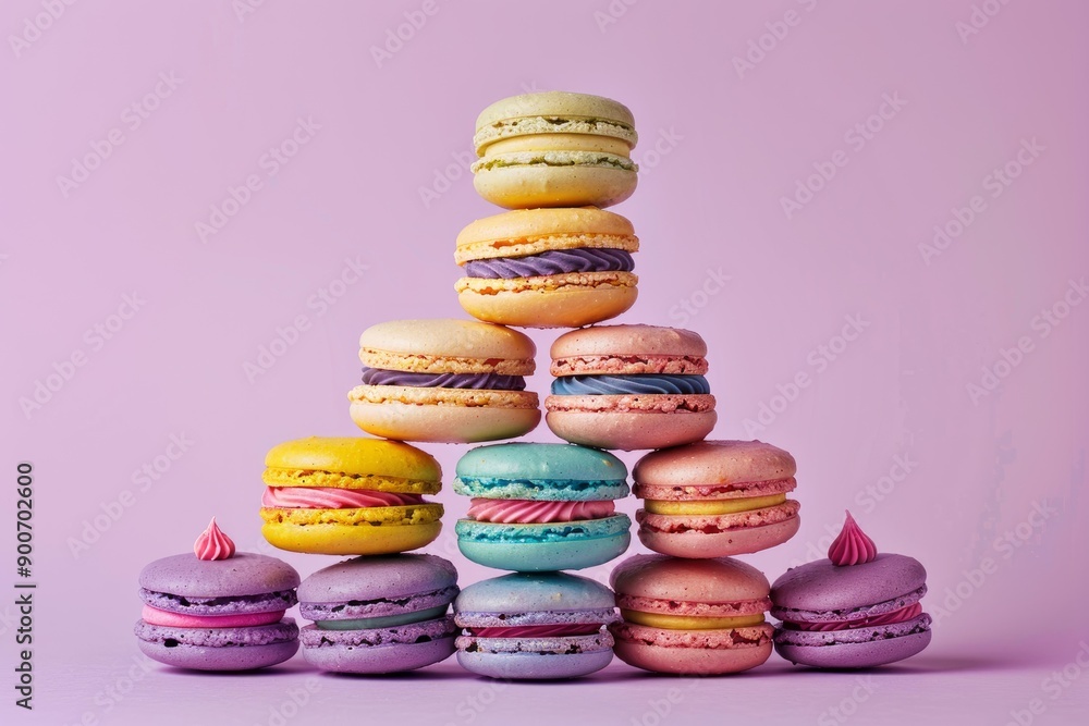 Aufkleber stack of assorted colorful macarons arranged against a soft pink backdrop