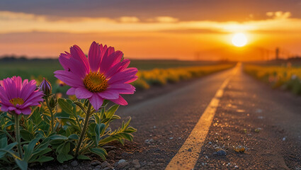 flowers on the side of the road with the sunrise in the background