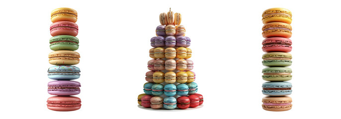 Assorted colorful macarons in various arrangements isolated on transparent background