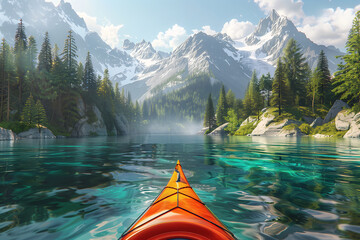 Serene Mountain Lake with Vibrant Kayak at Golden Sunrise