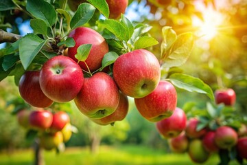Freshly ripened shiny apples hang from a tree branch in a lush green apple orchard, surrounded by leaves, with ample copy space for text or design.