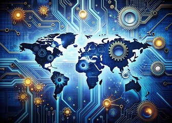 Globalization illustrated: Circuit boards, wires, microchips, and electronic components intertwined with maps, clocks, and gears, symbolizing worldwide connectivity and commerce.