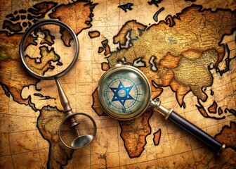 Fototapeta premium Old worn map with Israel flag lying beside a vintage magnifying glass, a compass, and a pocket watch, evoking a sense of nostalgic adventure and exploration.