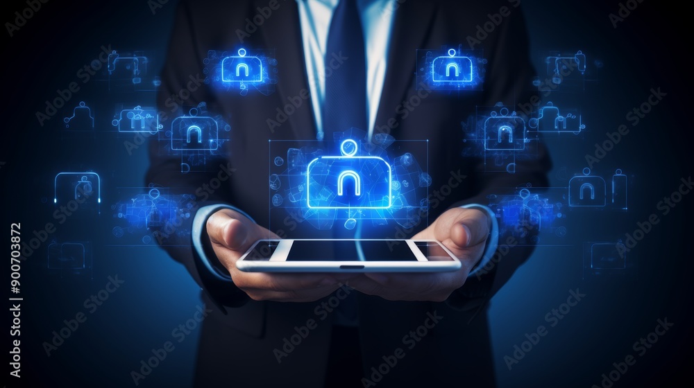 Poster digital tablet for data encryption businessman with innovative technology background