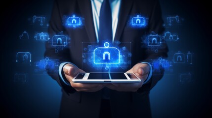 Fototapeta premium Digital tablet for data encryption businessman with innovative technology background