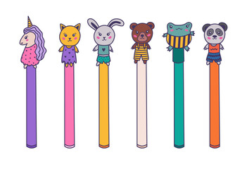 Kawaii colourful doodle pens with animal heads of unicorn, frog, cat, rabbit, bear, panda on the cap. Kids ball ink pen with hand drawn outline for drawing, writing. Back to school supply, stationery
