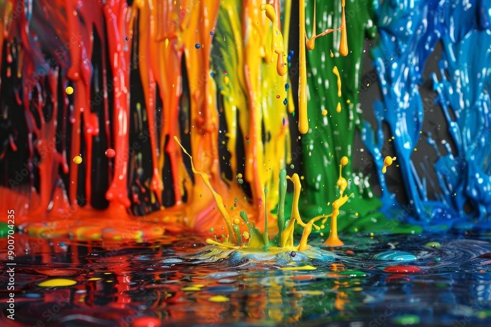 Poster vibrant multicolored paint splash with dynamic droplets on reflective surface