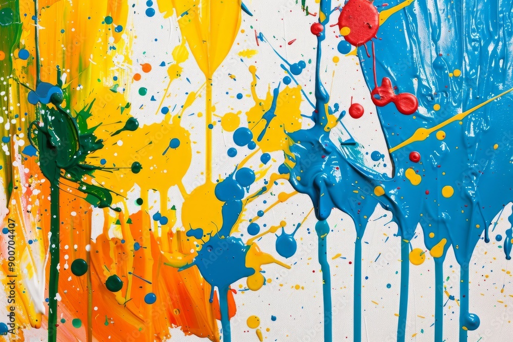 Poster dynamic and colorful display of various paint splatters on a white canvas