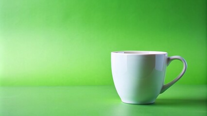 Fototapeta premium Isolated simple white ceramic coffee mug with a clean design sits alone on a vibrant solid green background, awaiting morning's first brew.