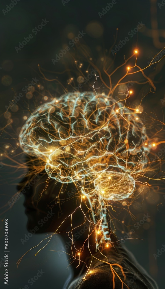Poster artistic representation of human brain with glowing neural pathways and connections