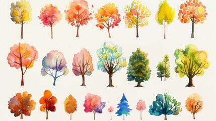 Obraz premium Cartoon trees set. White background. Watercolor illustrations