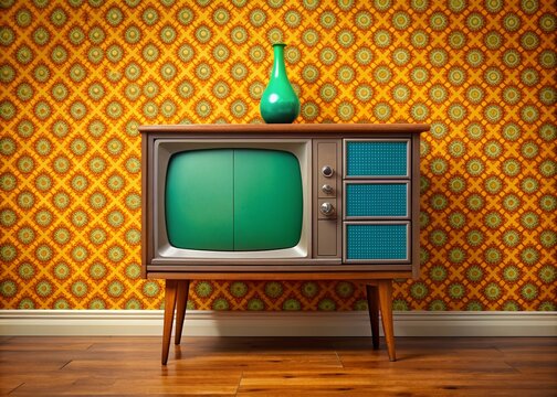 Retro-style television with green and blue dials on a grey antique cabinet sits against a vibrant orange and yellow wallpapered wall, evoking nostalgia.