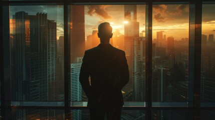 Fototapeta premium Businessman Wearing Suit Standing at City Window Frame with Skyscraper View