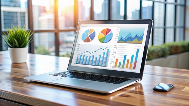 A modern laptop displays a dashboard with analytical charts and graphs, showcasing a seamless customer interaction management system for building trust and loyalty.