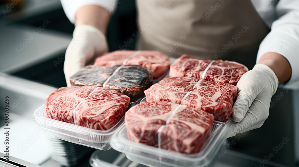 Sticker gloved hands holding packaged portions of raw, marbled beef in transparent plastic containers, ready