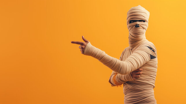 Funny mummy halloween monster costume points away over orange background