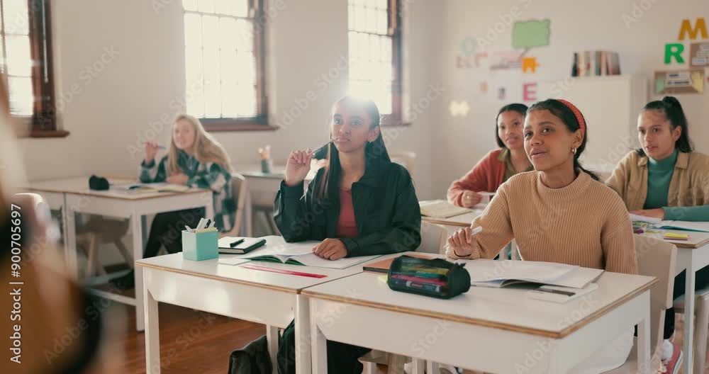 Poster education, students and discussion in classroom with teacher for questions, learning and knowledge a