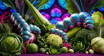 Surreal Background with Oversized Caterpillars and Vegetables