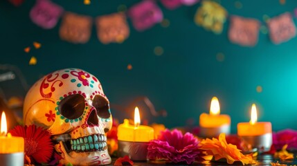 Colorful Dia de los muertos altar with skull surrounded by candles and papel picado. Day of the dead mexican celebration.