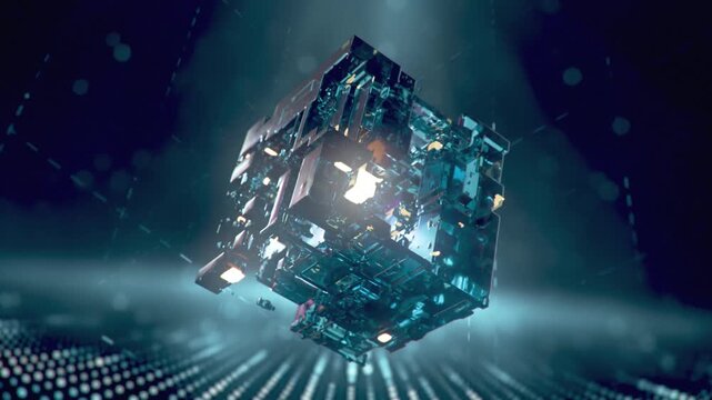 abstract shape shifting artificial intelligence computer core floating in dark space. 3d animation