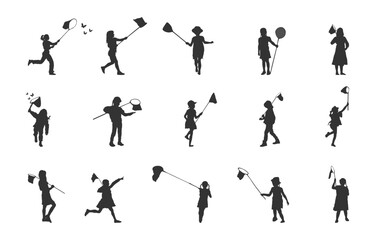 Little girl catching butterflies svg, Little girl catching butterflies silhouette, Girl catching butterfly drawing, Child with butterfly net svg, Kids catching butterflies silhouette