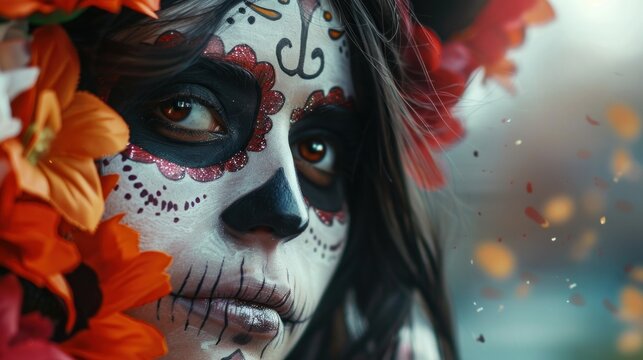 Woman with Dia de los Muertos face paint. Mexican culture concept, Halloween. Space for text