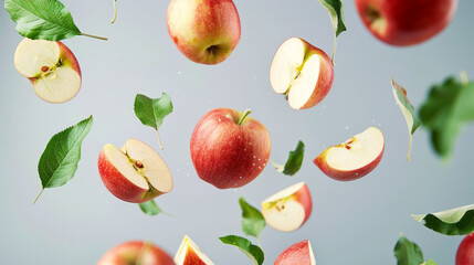 apples with half slices floating in the air