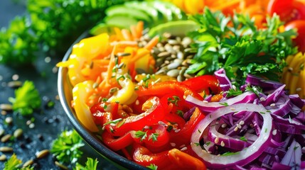 Colorful salad bowl filled with fresh vegetables, nuts, and seeds,