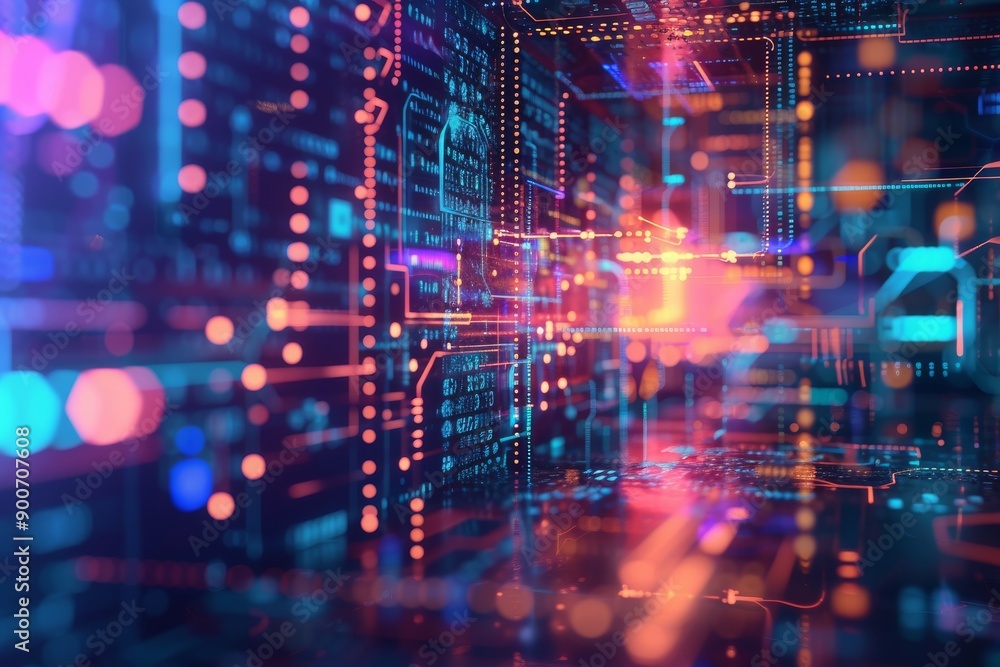 Poster a digital network of interconnected circuits with a glitched effect, rendered in 3d with neon blue, 