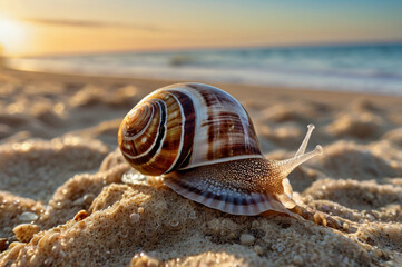 Beautiful Sea Snail Crawling on Sandy Beach with Ocean View in Summer