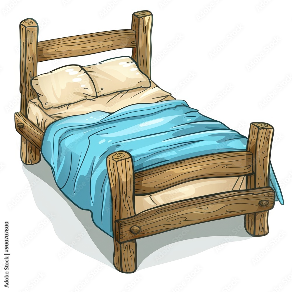 Canvas Prints Cartoon-Style Wooden Bed with Blue Blanket and Pillows