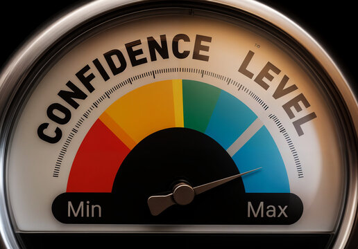 3d visual render illustration of a vibrant gauge displaying word text phrase confidence levels with Min and Max markers