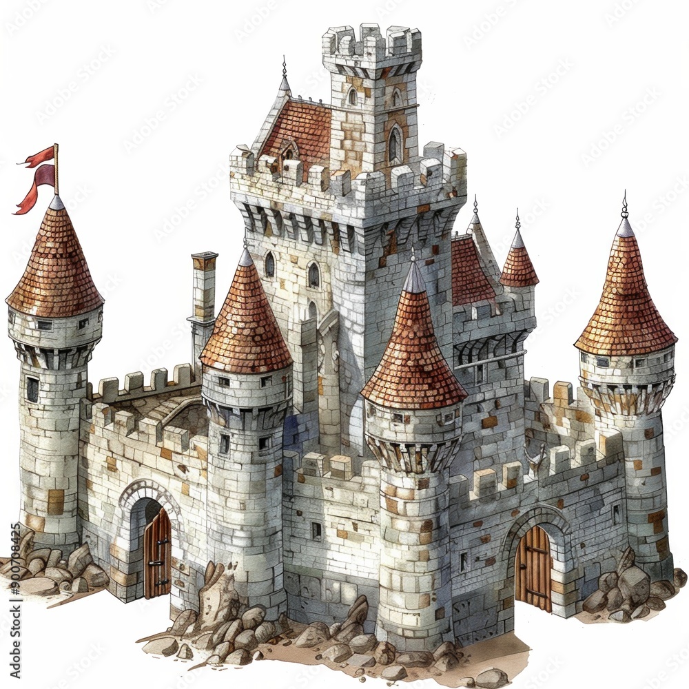 Sticker Illustrated Stone Castle with Turrets and Flags