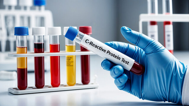 A person medical lab staff wearing gloves holding a test tube with label text word C-reactive Protein test