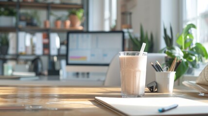 A glass of protein shake on a desk in a modern office, with sunlight streaming through large windows