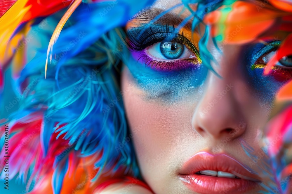 Poster striking closeup portrait of a model with colorful fantasy makeup and feathers framing her eye