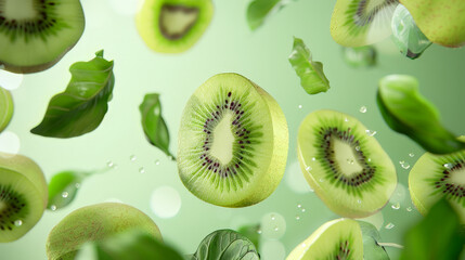 kiwi with half slices falling or floating in the air