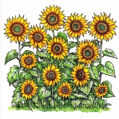 Bright Sunflowers in Colorful Garden Scene