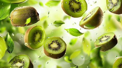 kiwi with half slices falling or floating in the air