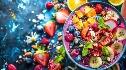 Smoothie bowl with colorful fruits, nuts, and seeds