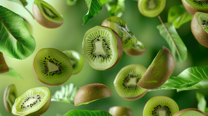 Fototapeta premium kiwi with half slices falling or floating in the air