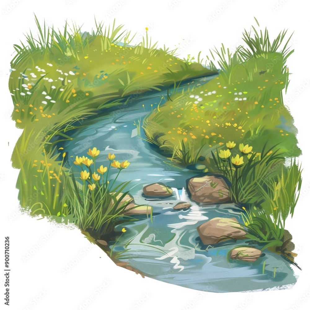 Poster Serene Stream Flowing Through Lush Green Landscape