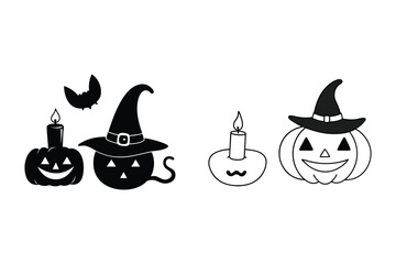 Witch Hat Pumpkin Cat Candle Happy Halloween Vector Illustration.