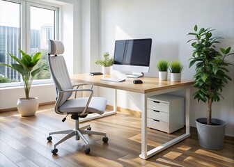 Modern minimalist office setup featuring a sleek white desk, ergonomic chair, and large monitor, surrounded by empty space, conveying focus and productivity.