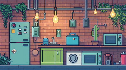 a pixel art style graphic promoting electricity conservation. Feature a charming, retro-inspired design with elements such as light bulbs, power switches, and household appliances