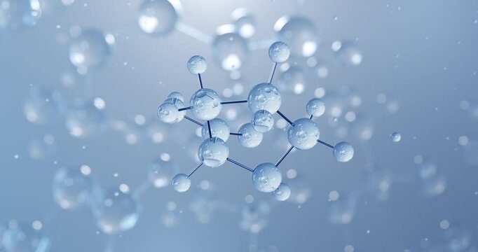 Proline, rotating 3D model of proteinogenic amino acid, seamless looped video, molecular structure with selective focus