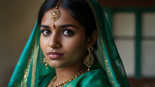 Beautiful Indian Woman In Traditional Green Saree Wearing Elegant Jewelry.