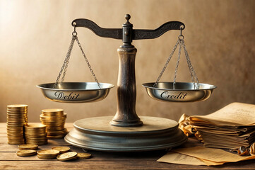 3d illustration render of a scale with text word Debit and on other Credit, symbolizing balance in financial transactions. Concept of rules of debit and credit